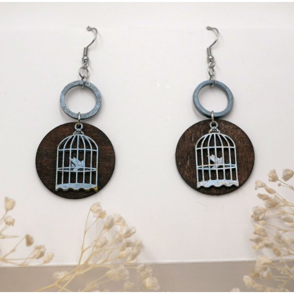 Wooden graphic earrings walnut pendant Bird cage