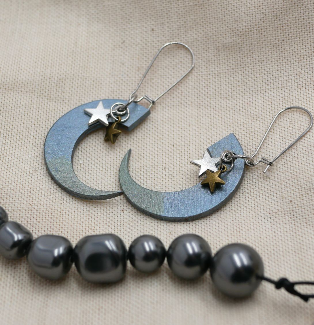 Silver moon earrings and star charms 