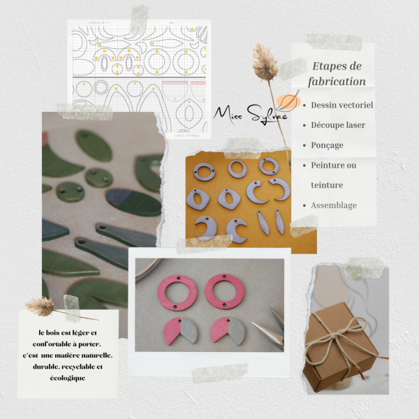 Boucles d'oreilles graphique en bois et feuille cuivr&eacute;e