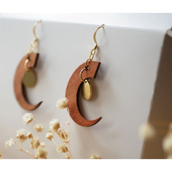 Wooden moon earrings cherry wood with golden drops