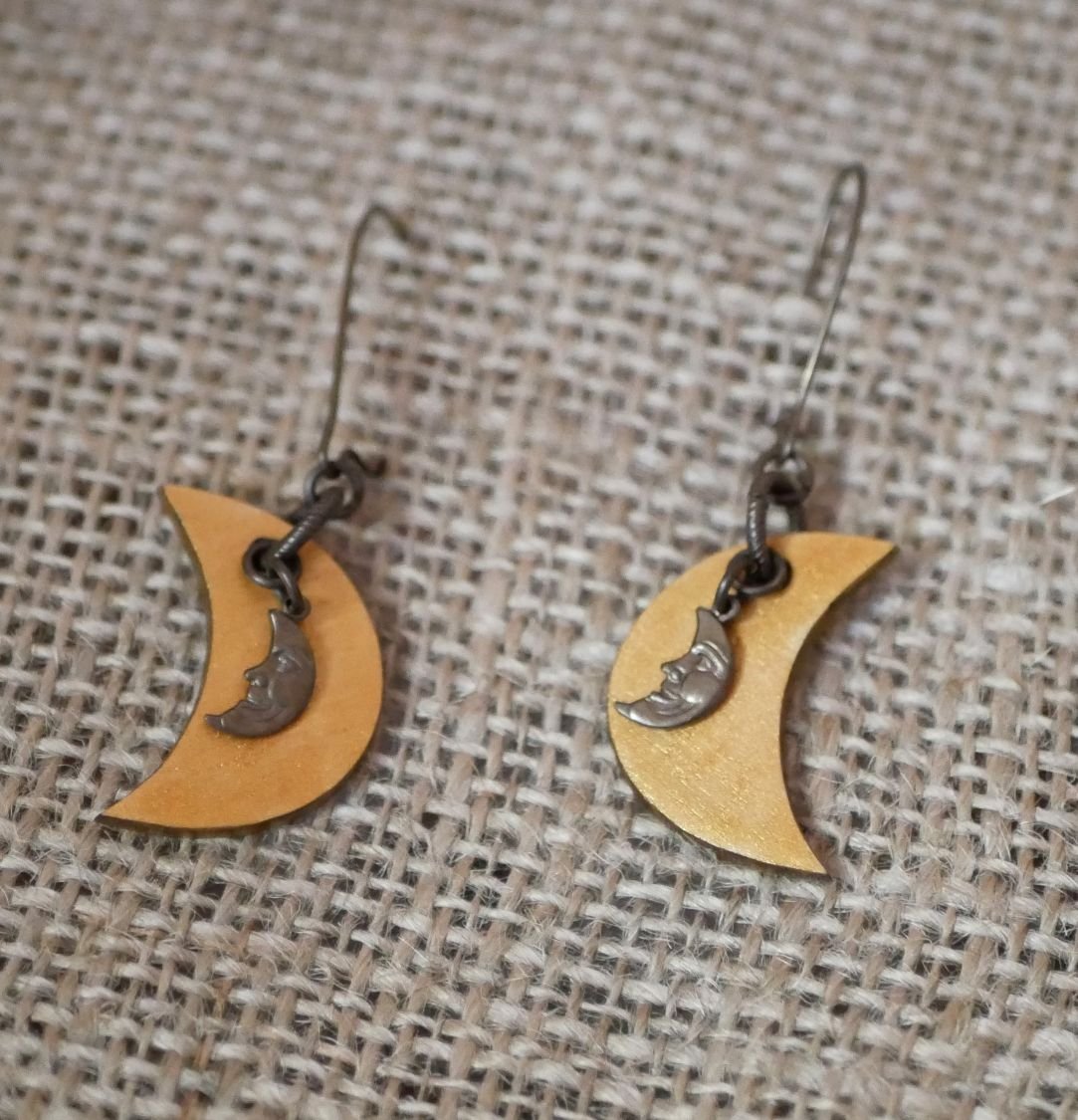 Wooden moon earrings with brass charms