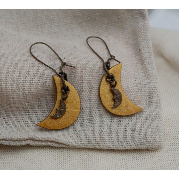 Wooden moon earrings with brass charms