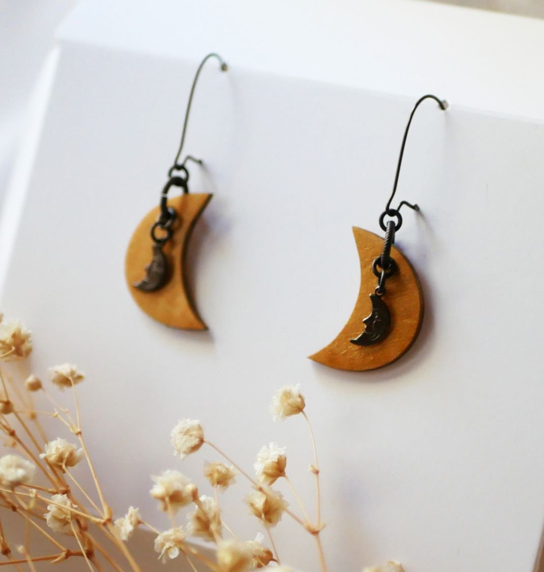 Wooden moon earrings with brass charms