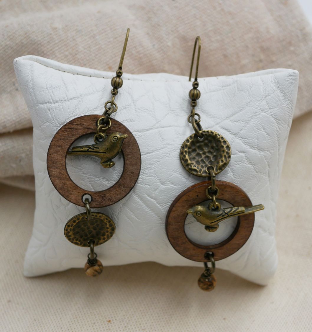 Wooden earrings with brass birds