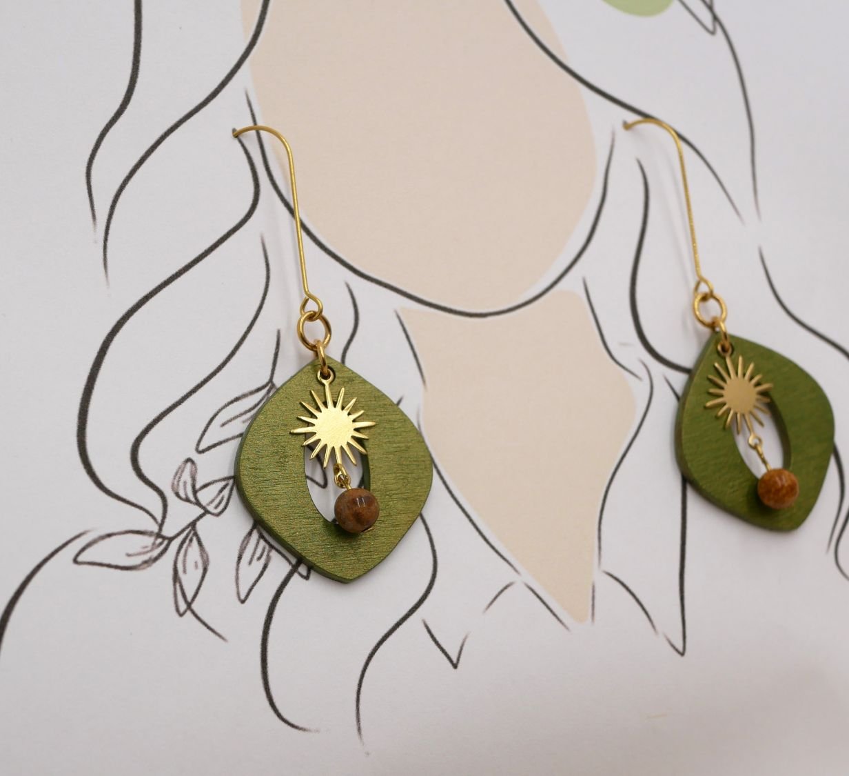 Metallic green wood and gold sun pendant earrings