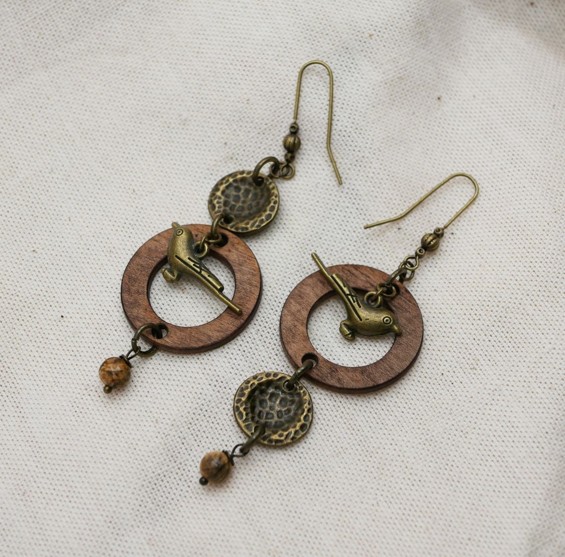 Wooden earrings with brass birds