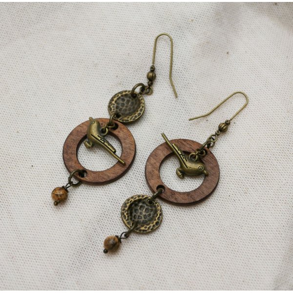 Wooden earrings with brass birds