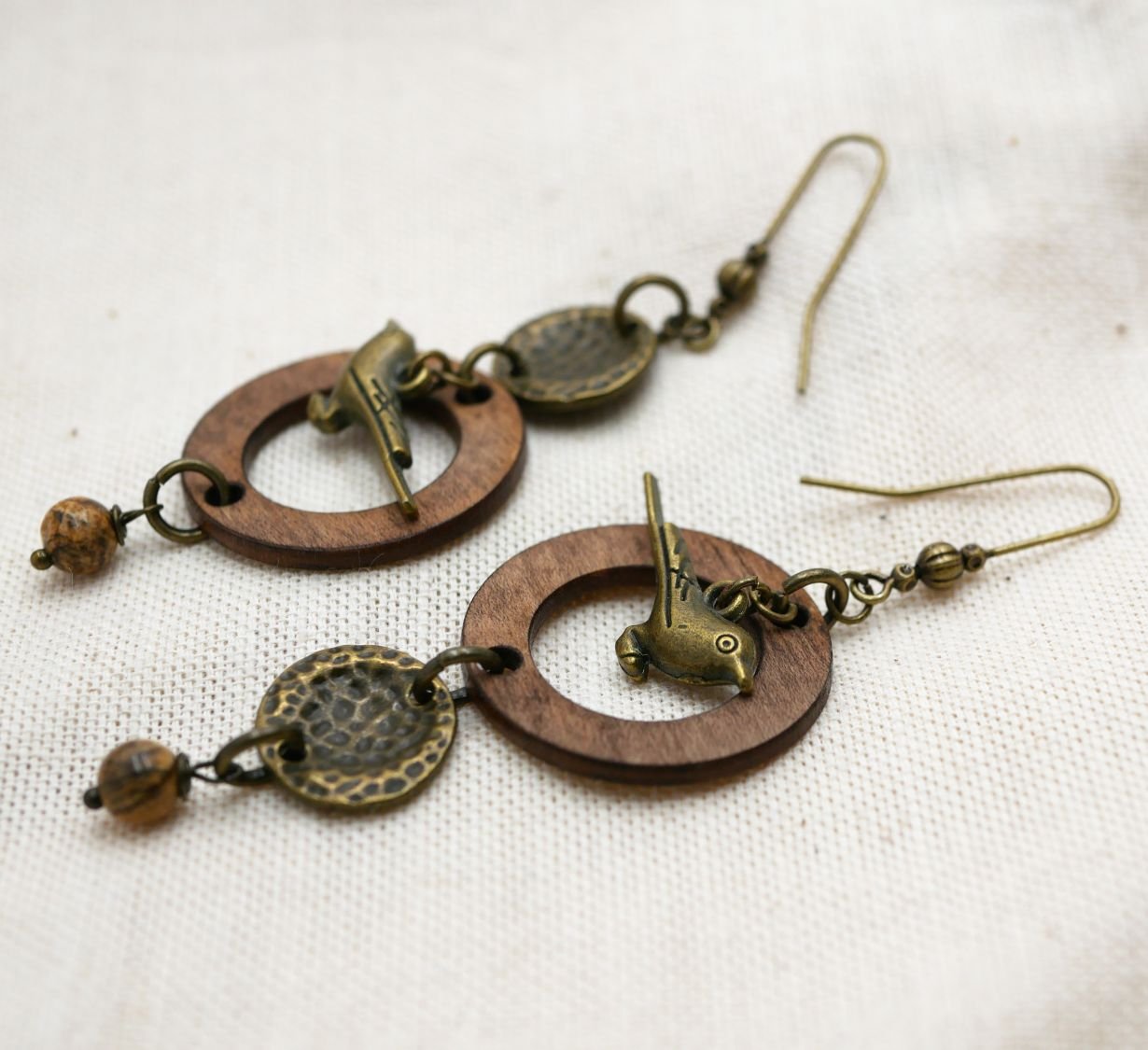 Wooden earrings with brass birds