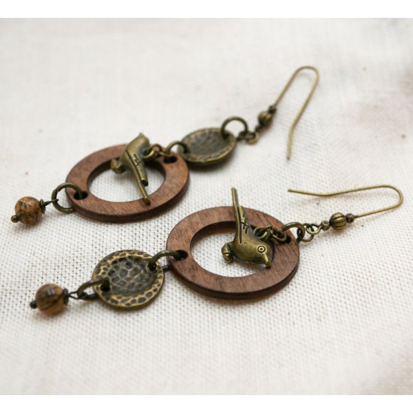 Wooden earrings with brass birds