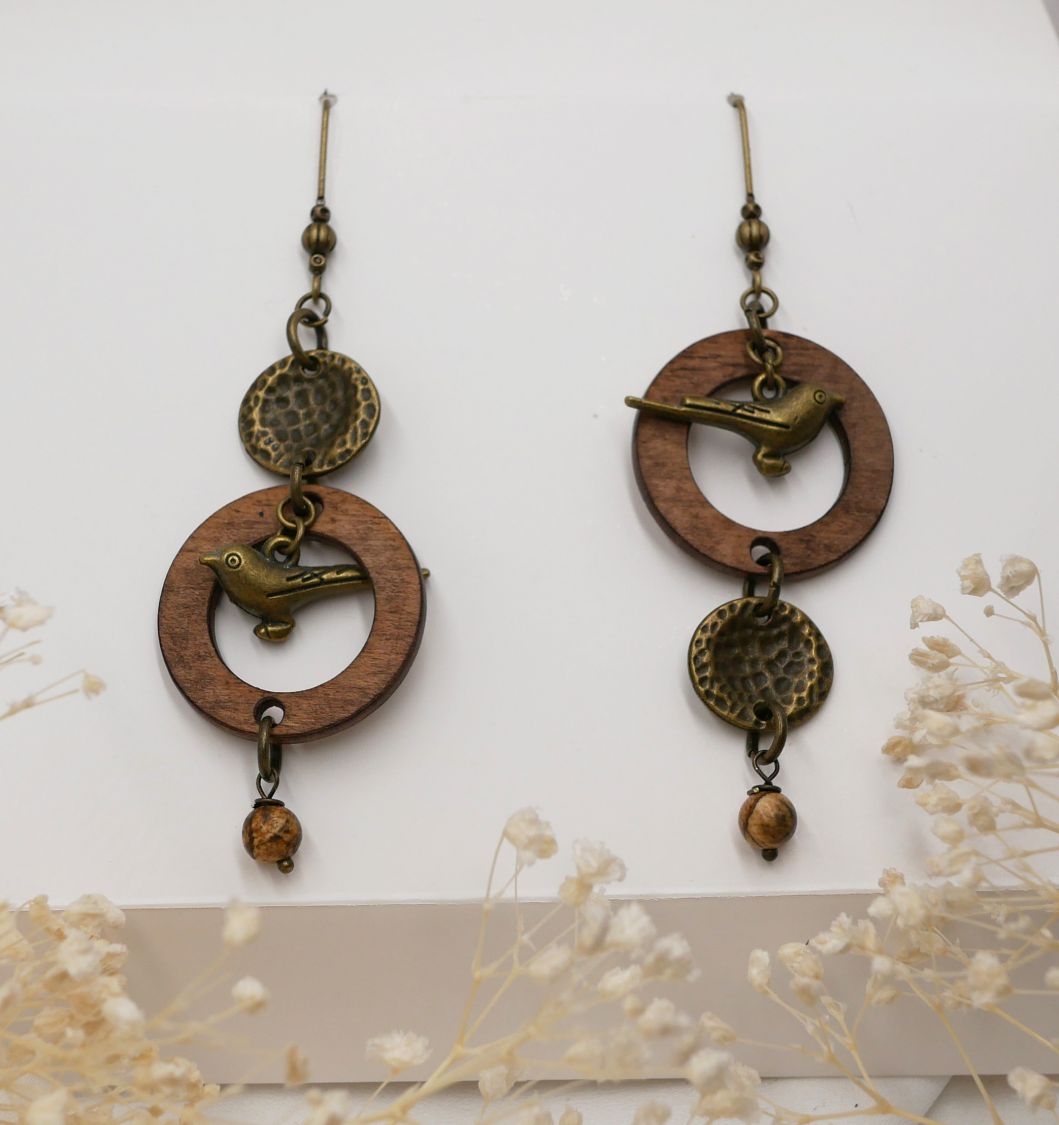 Wooden earrings with brass birds