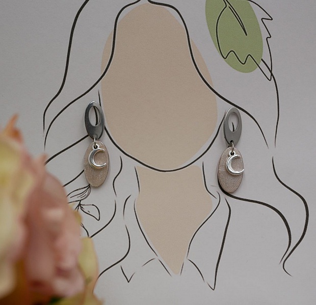 Boucles d'oreilles pendantes g&eacute;om&eacute;triques ovales blanc croissants de lune