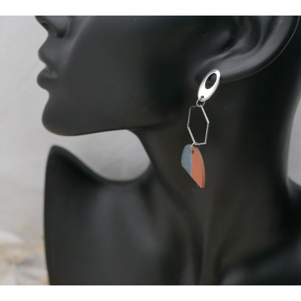 Grey and brown geometric pendant earrings