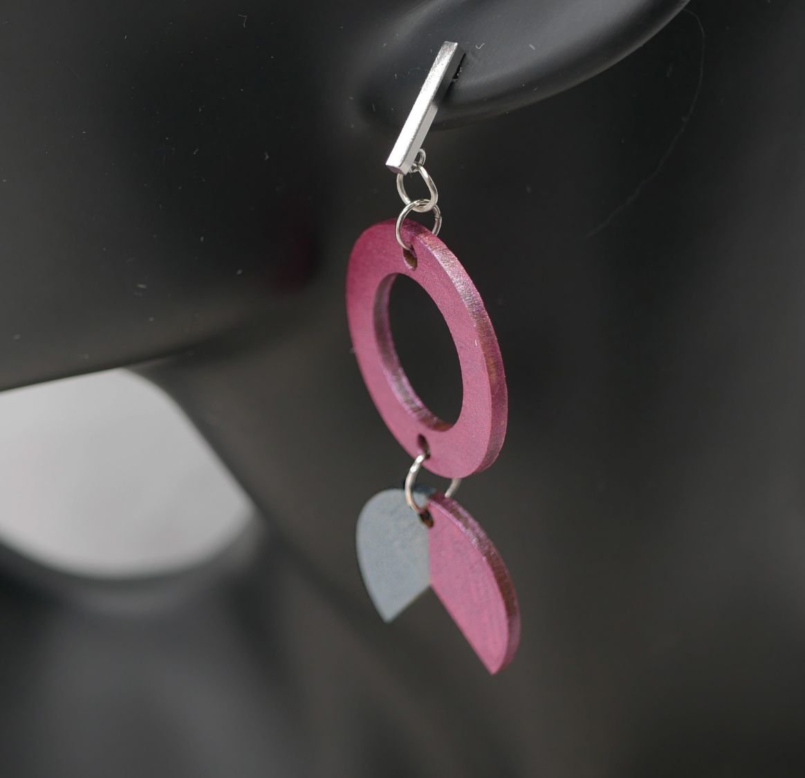 Fuchsia and Grey wood geometric pendant earrings