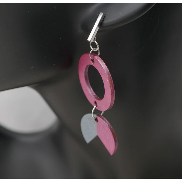 Fuchsia and Grey wood geometric pendant earrings