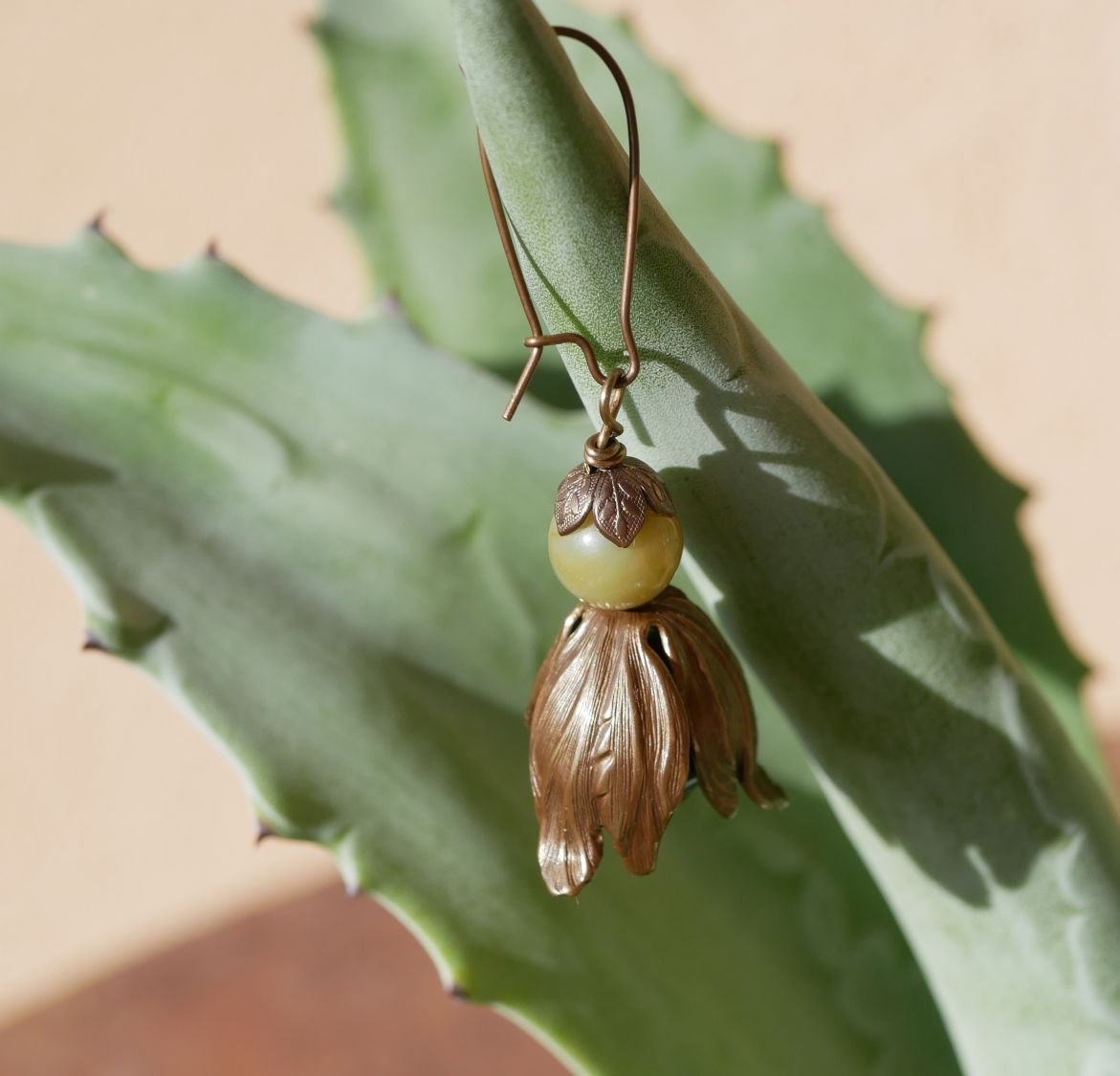 Natural brass and gemstone large petals earrings 