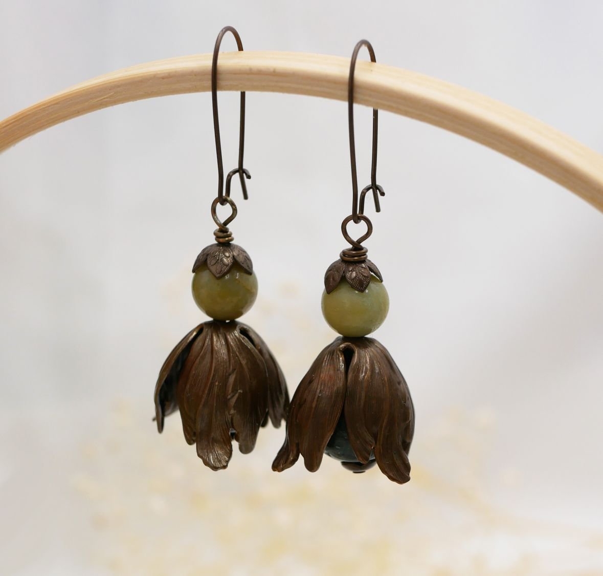 Natural brass and gemstone large petals earrings 