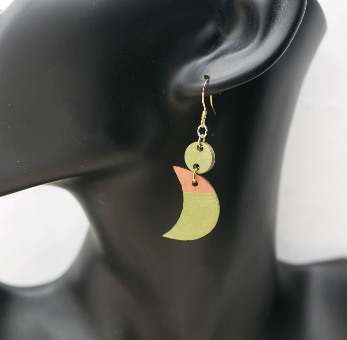 Green metallic and brown wooden moons earrings