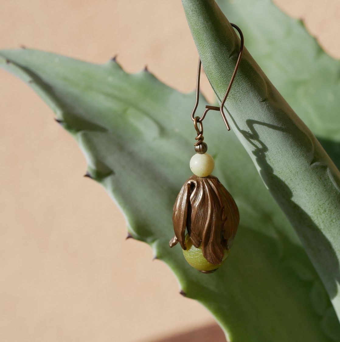 Natural brass and olivine gemstone pendant earrings