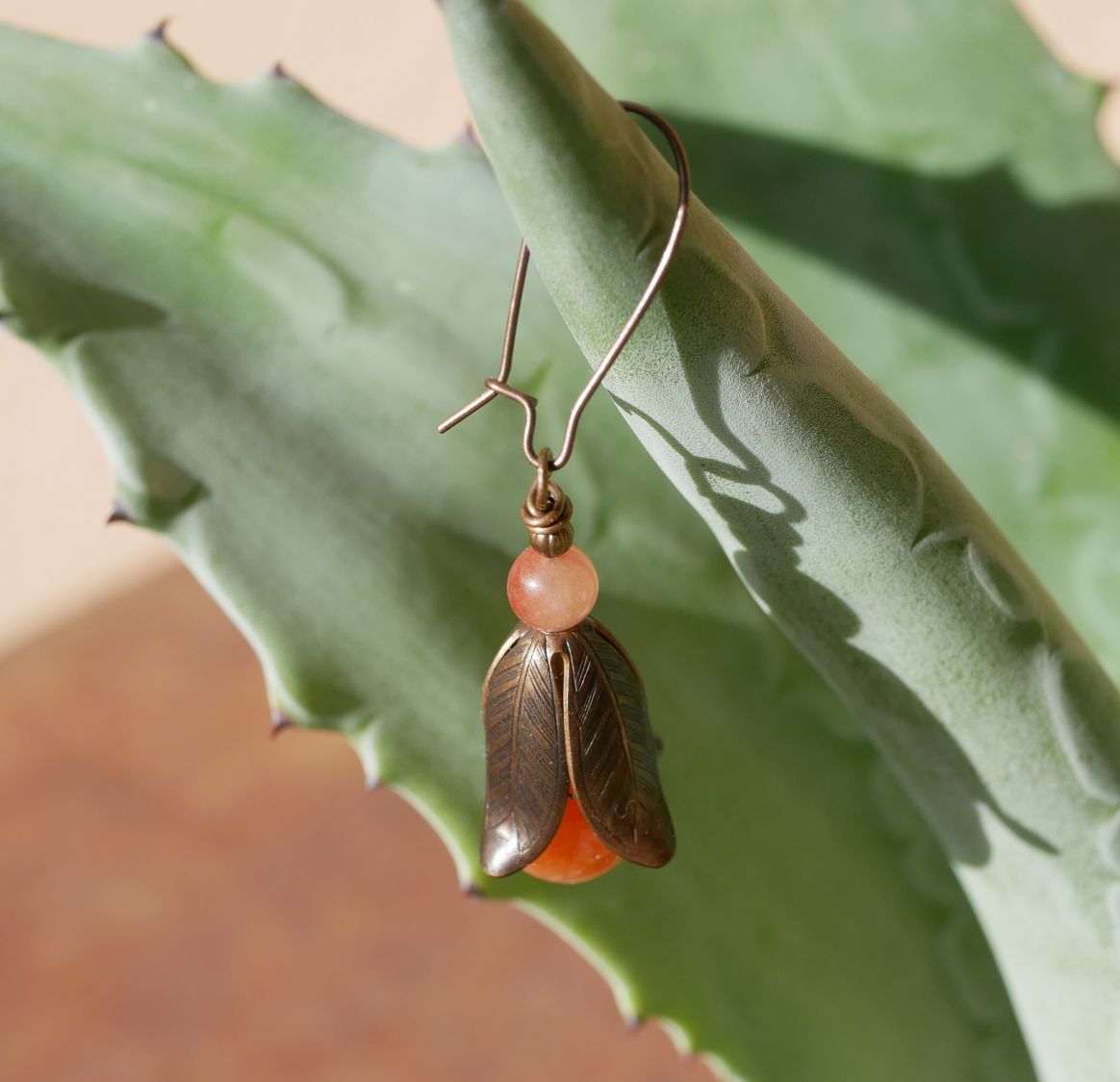 Natural brass and orange stone beads petals earrings