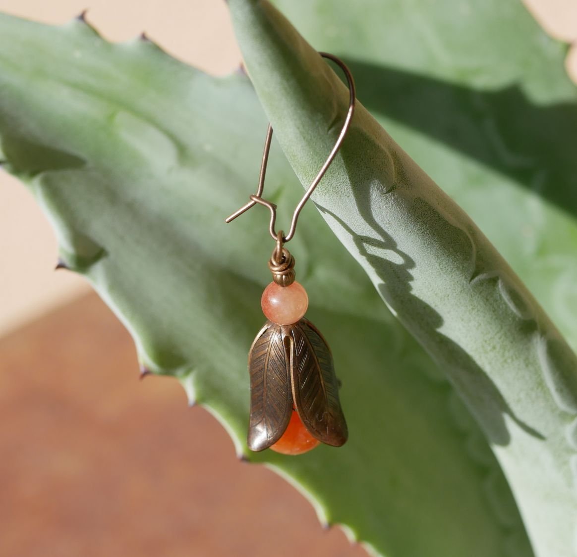 Natural brass and orange stone beads petals earrings