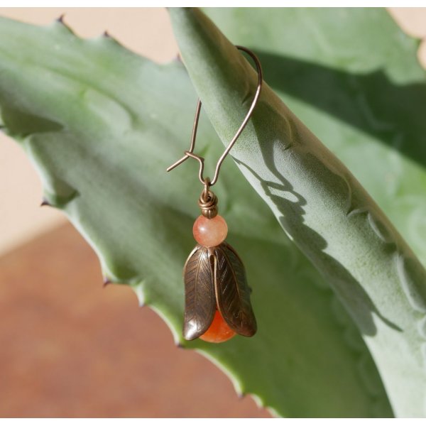 Natural brass and orange stone beads petals earrings