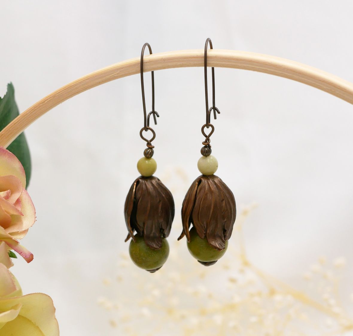 Natural brass and olivine gemstone pendant earrings