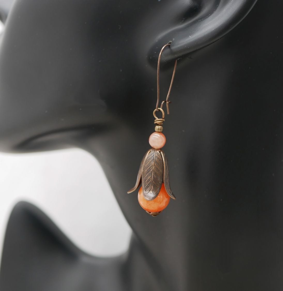 Natural brass and orange stone beads petals earrings