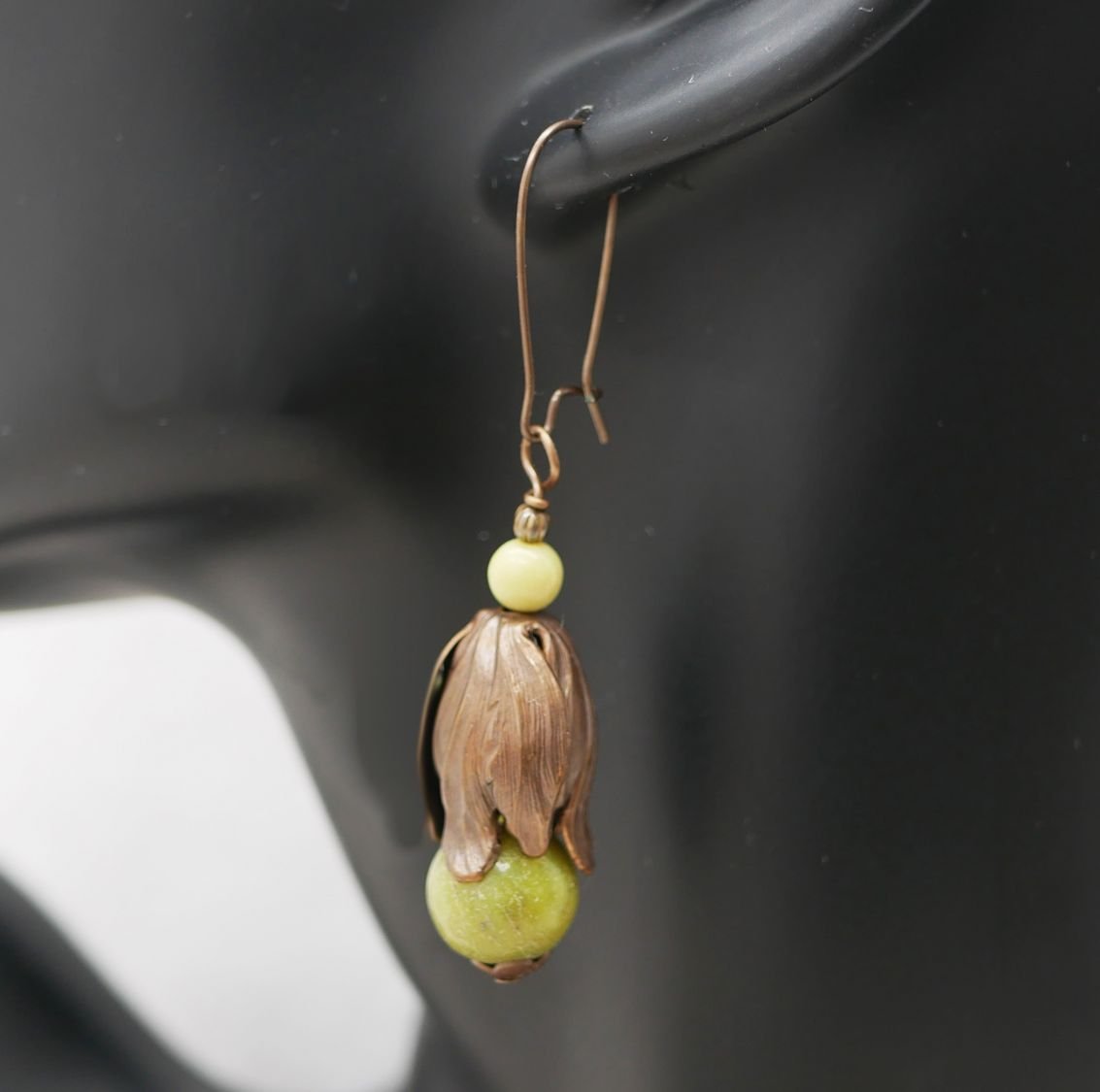 Natural brass and olivine gemstone pendant earrings