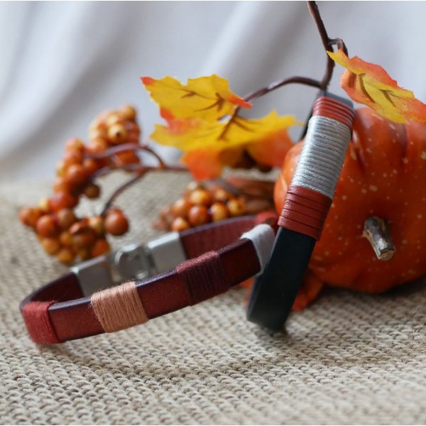 Bracelet tiss&eacute; en cuir  marron roux  au tissage en coton
