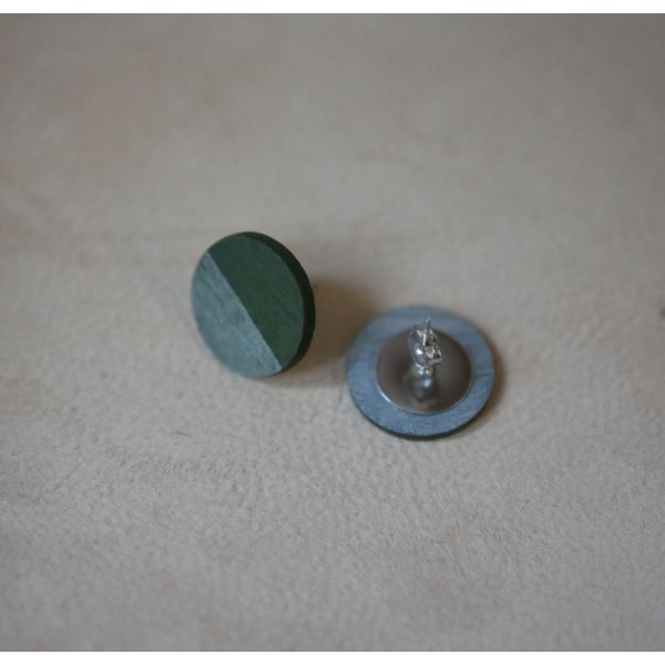 Round wooden earrings painted dark green and gray metallic effect