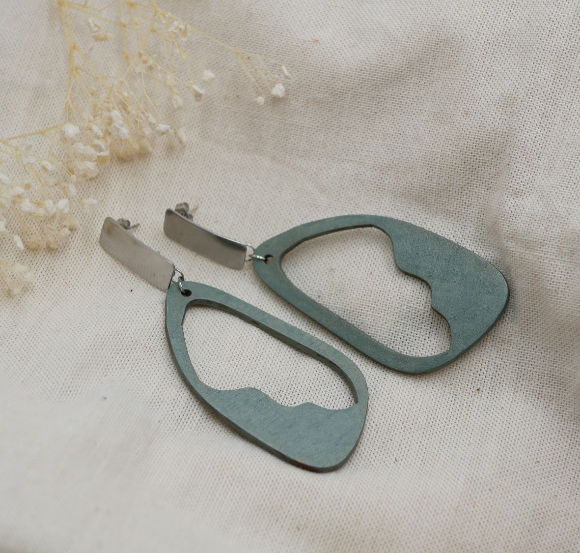 Large earrings in painted wood green of gray