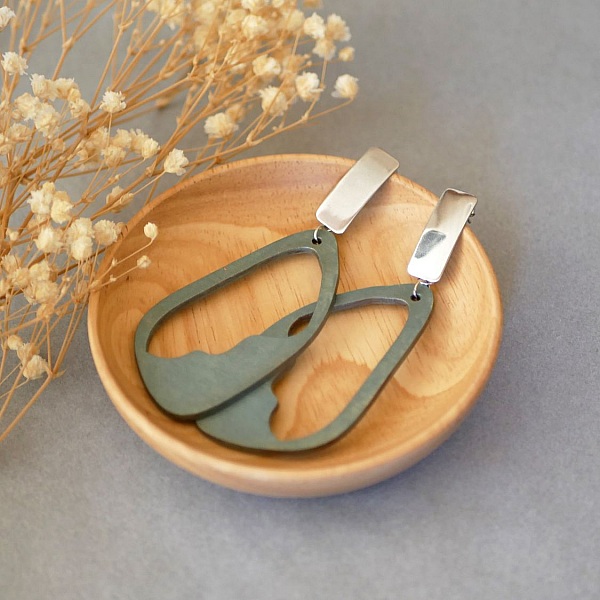 Large earrings in painted wood green of gray