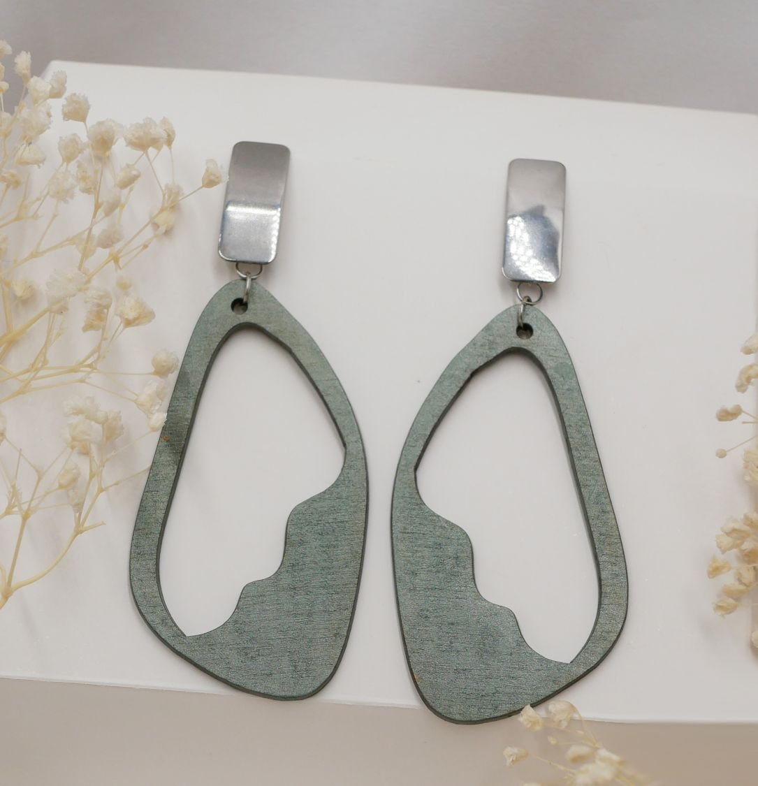 Large earrings in painted wood green of gray