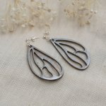 Earrings metallic grey wood wings on 925 silver studs