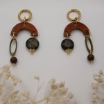 Wooden earrings, gemstones and golden brass