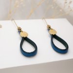 Blue leather earrings with gold tassel