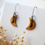 Wooden moon earrings with brass charms