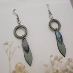 Leaf earrings made of wood and metal with a greenish-grey patina