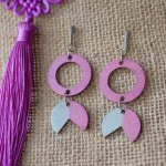 Fuchsia and Grey wood geometric pendant earrings