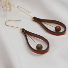 Brown leather and Unakite gemstone earrings