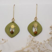 Metallic green wood and gold sun pendant earrings