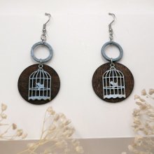 Wooden graphic earrings walnut pendant Bird cage
