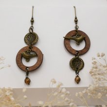 Wooden earrings with brass birds
