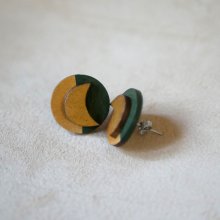 Round wooden earrings with moons in dark green and gold