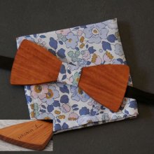 Liberty Denim blue clutch bag and customizable wooden bow tie