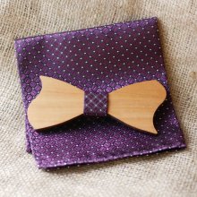Purple satin pouch and wooden bow tie of your choice