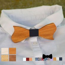 Asymmetrical cherry wood bow tie for children to personalize