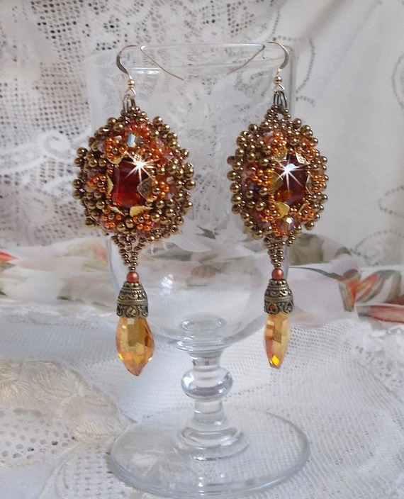 BO Harmony Amber embroidered with Swarovski Crystals, 1960's bohemian glass cabochons, mini beads, seed beads and 14K Gold Filled ear hooks