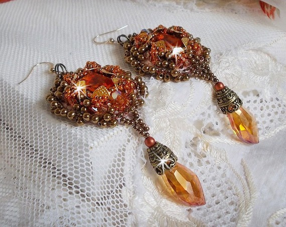 BO Harmony Amber embroidered with Swarovski Crystals, 1960's bohemian glass cabochons, mini beads, seed beads and 14K Gold Filled ear hooks