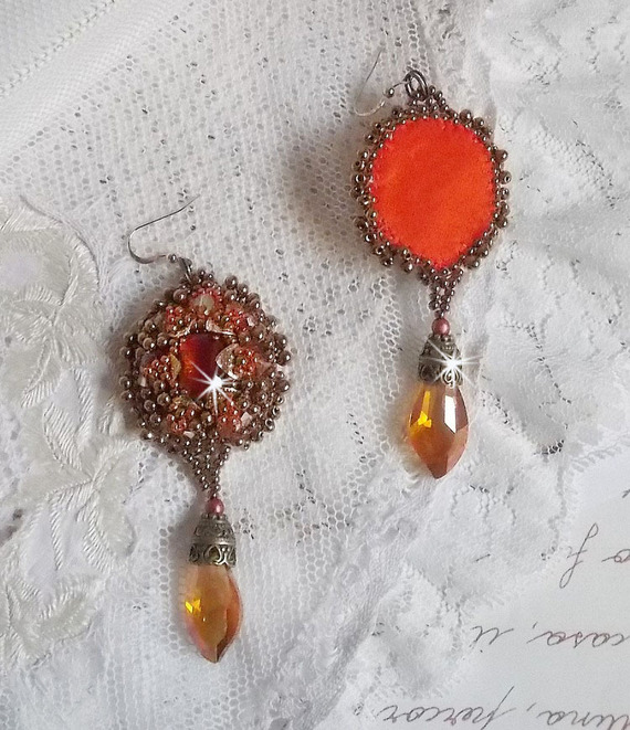 BO Harmony Amber embroidered with Swarovski Crystals, 1960's bohemian glass cabochons, mini beads, seed beads and 14K Gold Filled ear hooks